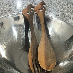 Vintage Carved Wooden Serving UTENSILS with Animal Motif, Pair of 2